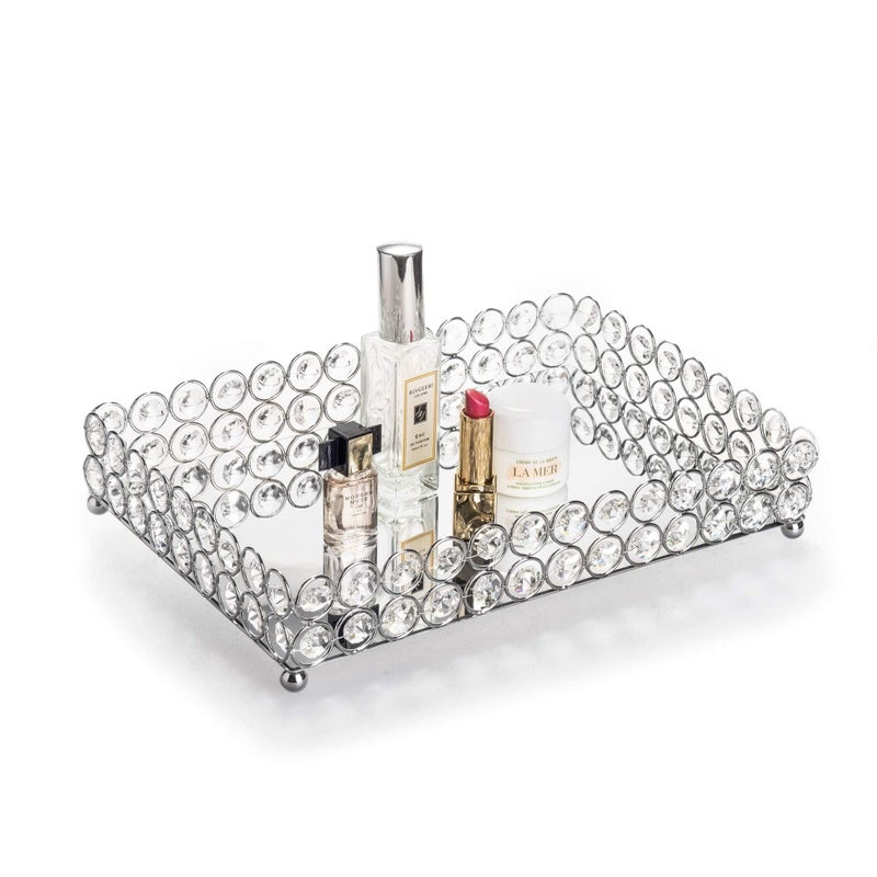 Feyarl Crystal Vanity Makeup Perfume Tray Ornate Jewelry Trinket Organizer Cosmetic Decorative Tray Skin Care Storage for Home Dressing Table Wedding Decoration(Rectangle 12" x 8") (Silver) - Image 1